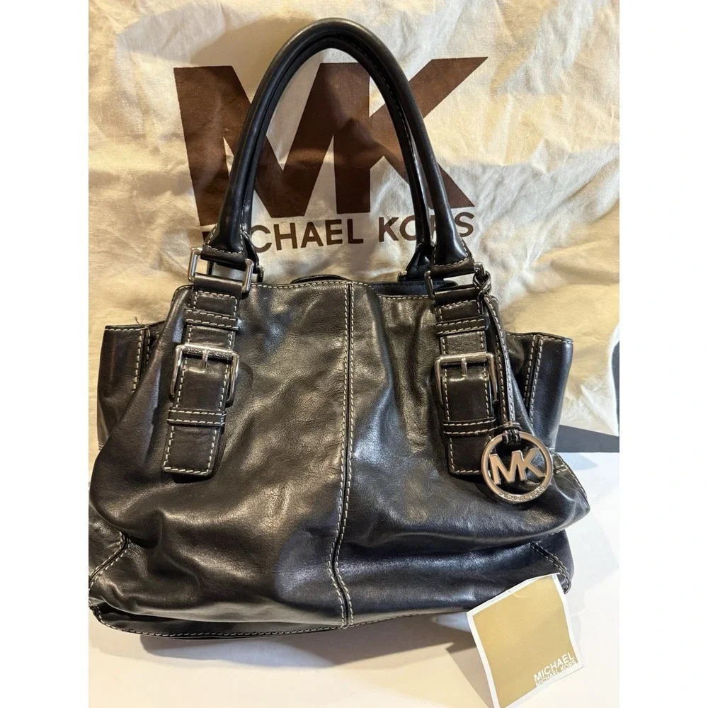 Michael Kors Black Leather Satchel Top Handle Bag Silver Hardware A-0807